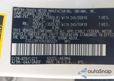 2019 Toyota Highlander Se z USA, uszkodzony, nr VIN 5TDJZRFH7KS965501